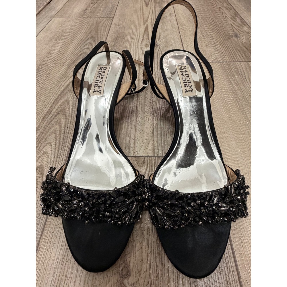 Badgley Mischka‎ Black Satin Crystal Embellished Slingback Kitten Heels Size 8